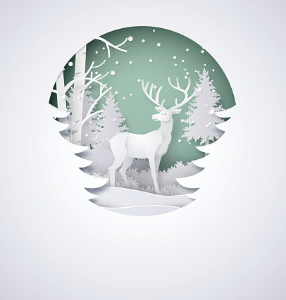 Deer in forest with snow in the winter season and christmas.vector paper art style.