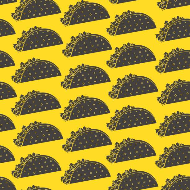 ilustrações de stock, clip art, desenhos animados e ícones de seamless pattern with black negative space tacos on yellow background - mexican cuisine cartoon taco kidney bean