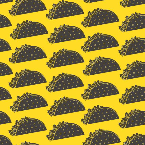 бесшовный узор с черными негативными космическими тако на желтом фоне - mexican cuisine cartoon taco kidney bean stock illustrations