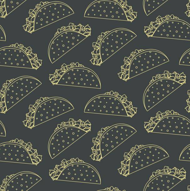 Seamless pattern with mexican fast food outline taco on black background Seamless pattern with mexican fast food outline taco on black background. Nice spanish fastfood texture for textile, wallpaper, cover, banner, bar and cafe menu design tacos stock illustrations