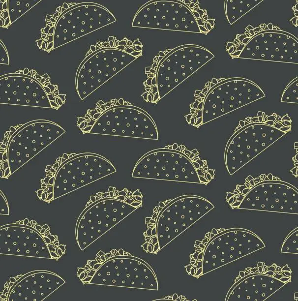 Vector illustration of Seamless pattern with mexican fast food outline taco on black background