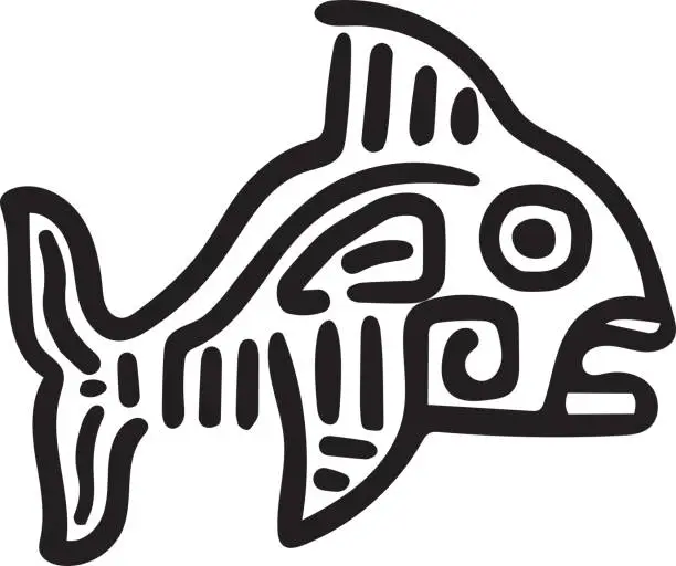 Vector illustration of Mayan art animals vector. Fish with open mouth
