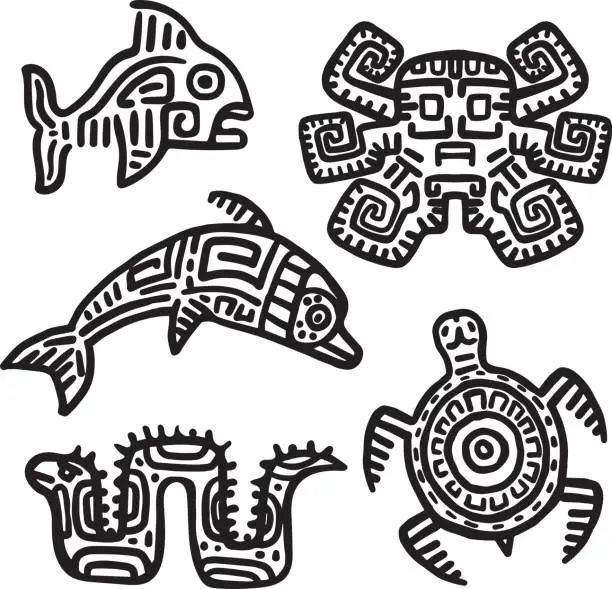 Vector illustration of Mayan art animals vector set. Slow turtle, active dolphin, dangerous moray eel, mysterious octopus, amazing fish.
