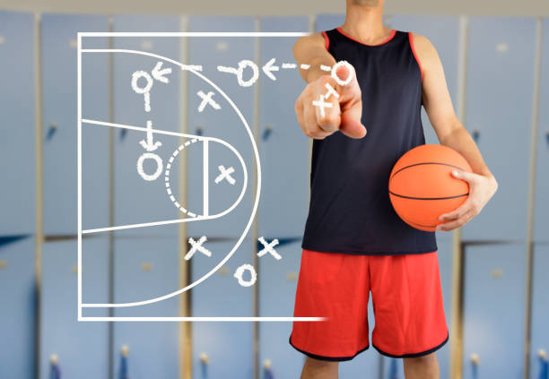 basketball court on board hand of a basketball coach drawing a tactics of  basketball game  with white chalk on blackboard at arena stadium shooting guard stock pictures, royalty-free photos & images