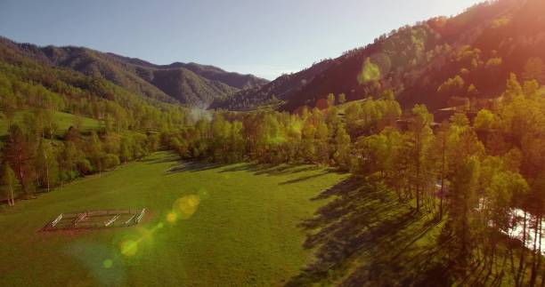 meados voo de ar fresco da montanha rio e prado na manhã ensolarada de verão. estrada de terra rural abaixo - aerial view mid air farm field - fotografias e filmes do acervo