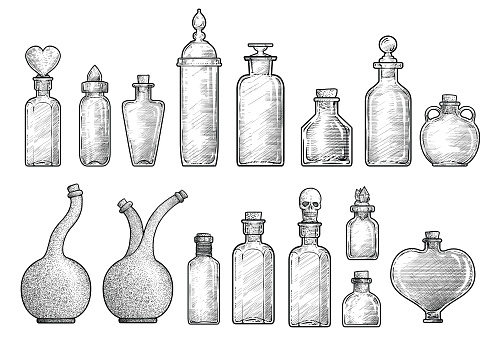 Potion, medicine bottle illustration, drawing, engraving, ink, line art, vector