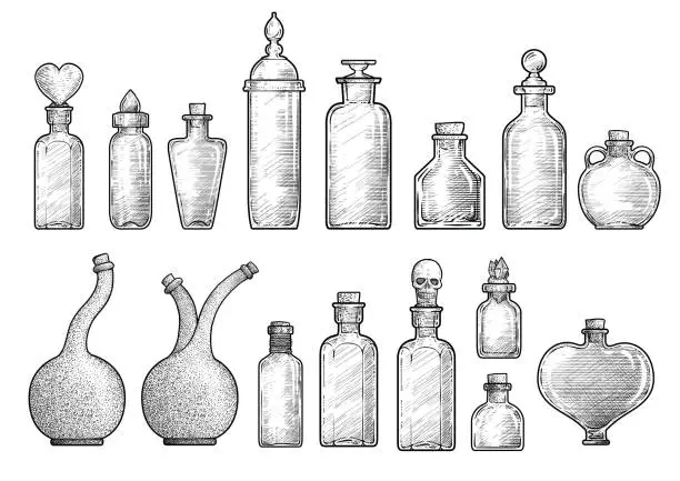 Vector illustration of Potion, medicine bottle illustration, drawing, engraving, ink, line art, vector