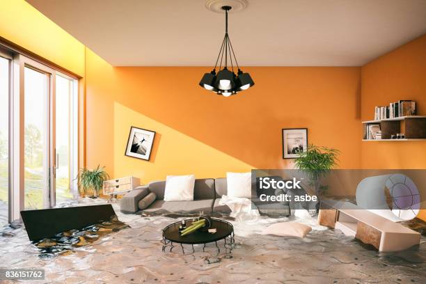 House Flooded Stock Photo - Download Image Now - Flood, Damaged, Living Room