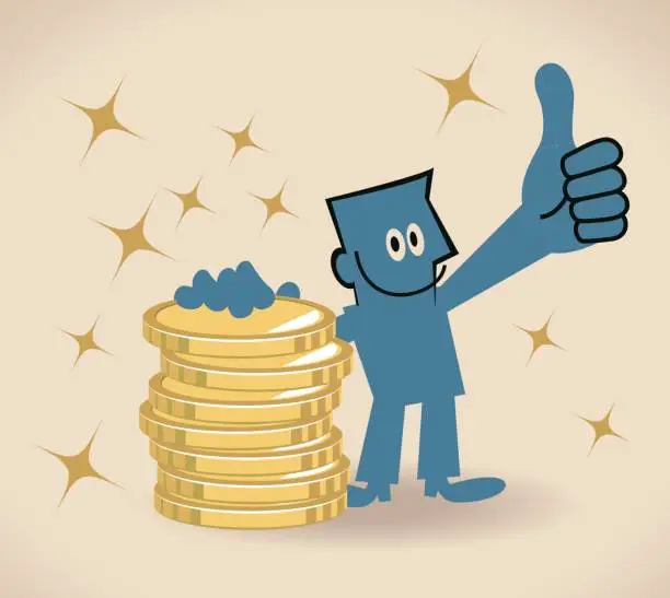 Vector illustration of Happy smiling businessman (man) standing leaning on a stack of gold coins (money) and showing thumbs up hand sign