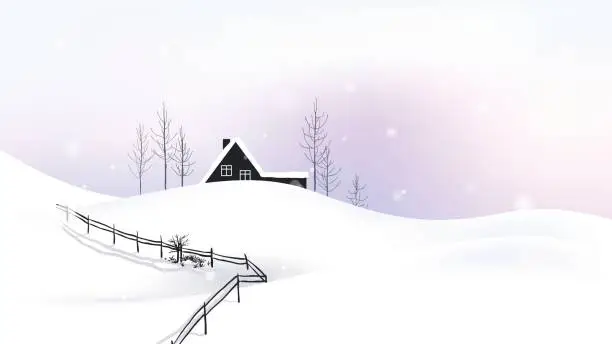 Vector illustration of Small cottage located on scenic winter