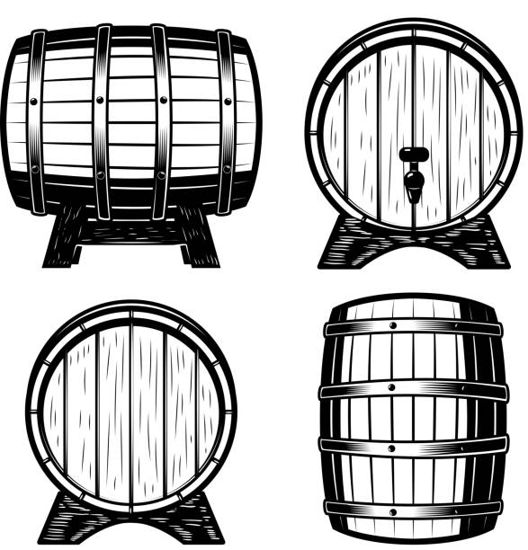 stockillustraties, clipart, cartoons en iconen met set houten vaten illustratie geïsoleerd op een witte achtergrond. - ton