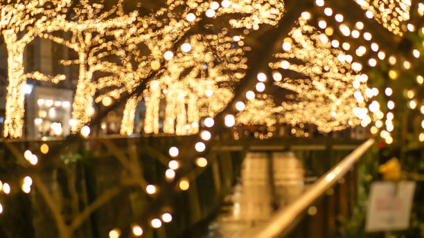 belle illumination or noël lumineuse à tokyo, au japon. lumière se reflètent dans nakameguro canal - rivière meguro photos et images de collection