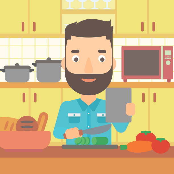 illustrations, cliparts, dessins animés et icônes de homme cuisiner repas - chef cooking food gourmet