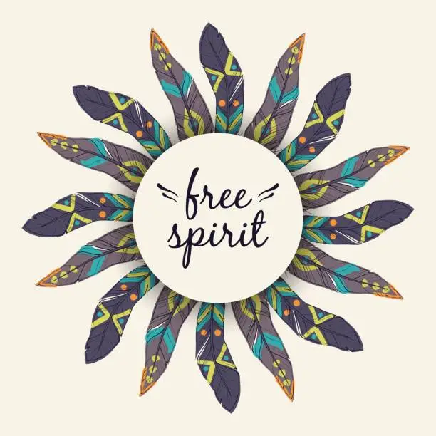 Vector illustration of Vector ethnic illustration with feather frame in boho style. Tribal design. Free spirit concept.