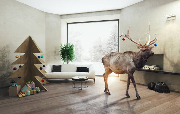 interno con albero di natale compensato e il cervo - home decorating living room luxury fireplace foto e immagini stock