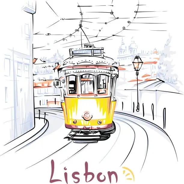 Vector illustration of Yellow 28 tram in Alfama, Lisbon, Portugal