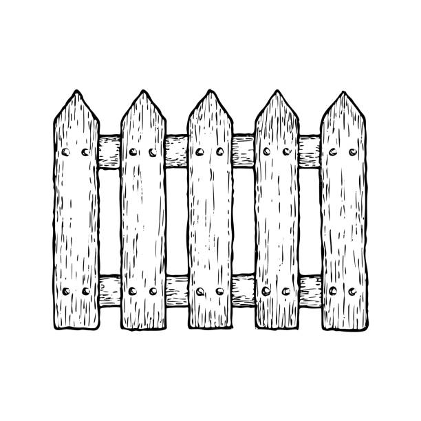 Farming wooden fence Sketch illustration of wooden fence, farming equipment. Vector picket fence stock illustrations