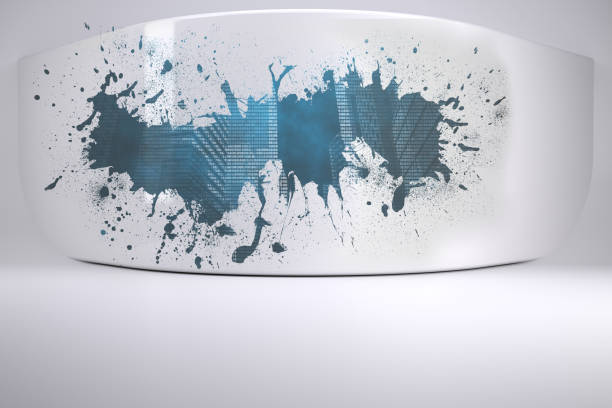 Splash on wall revealing technology city in grey room