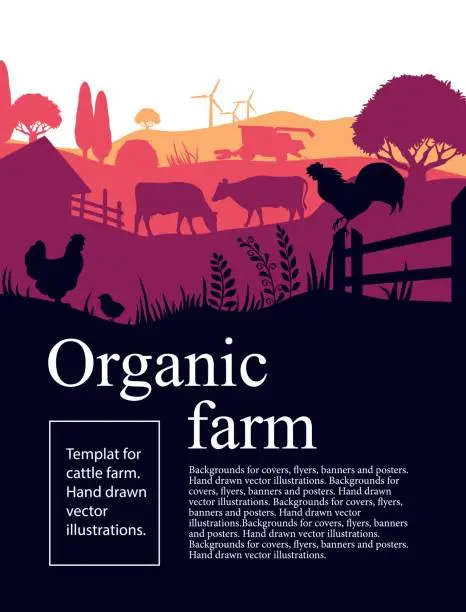 Vector illustration of Vector illustration of a farm with silhouettes of cows, chickens and trees. Agricultural template