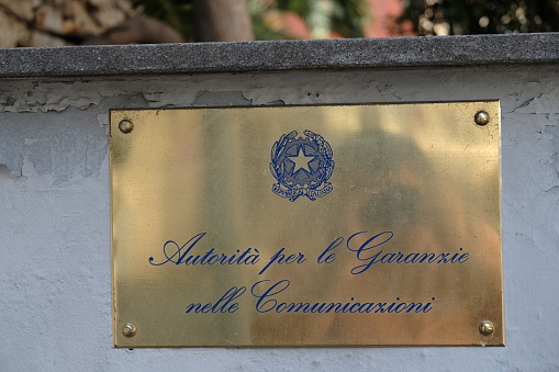 Rome, Italy - August 15, 2017: Autorità per le Garanzie nelle Comunicazioni plate. Authority for Communications Guarantees is the regulator and competition authority for the communication industries