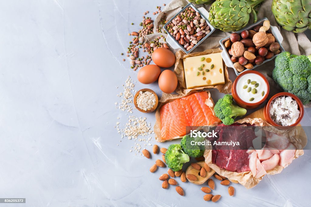 Assortment of healthy protein source and body building food Assortment of healthy protein source and body building food. Meat beef salmon chicken breast eggs dairy products cheese yogurt beans artichokes broccoli nuts oat meal. Copy space background, top view Healthy Eating Stock Photo
