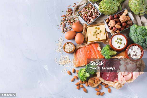Assortment Of Healthy Protein Source And Body Building Food Stock Photo - Download Image Now