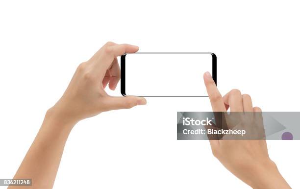 Hand Holding Smartphone Mobile And Touching Screen Isolated On White Background Cliping Path Inside Stock Photo - Download Image Now