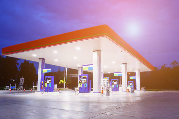 istock Gas station at night time 836213102