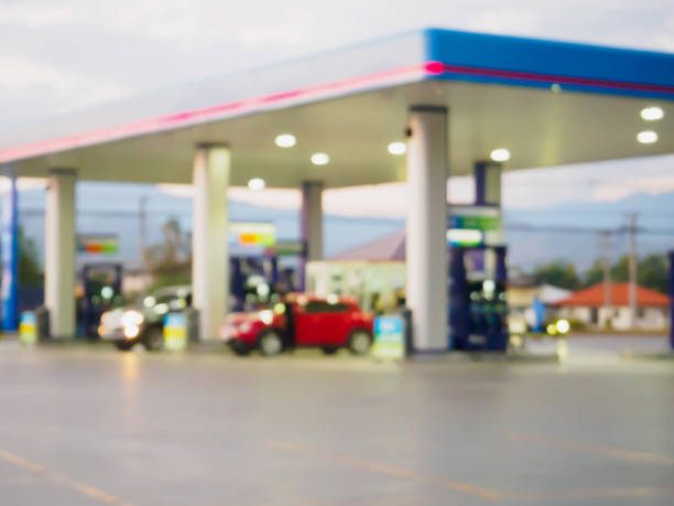 Illuminated Service station at night.