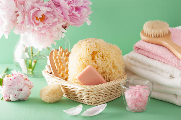 istock bath and spa with peony flowers brush sponge towels 836221010