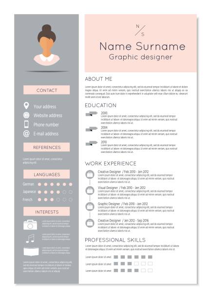 Feminine resume with infographic design Feminine resume with infographic design. Stylish CV set for women. Clean vector. modern resume template stock illustrations