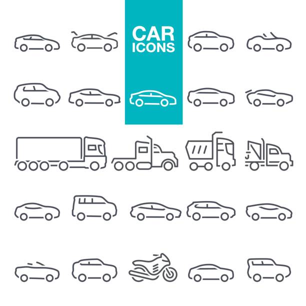 ilustraciones, imágenes clip art, dibujos animados e iconos de stock de iconos de línea - futuristic car color image mode of transport