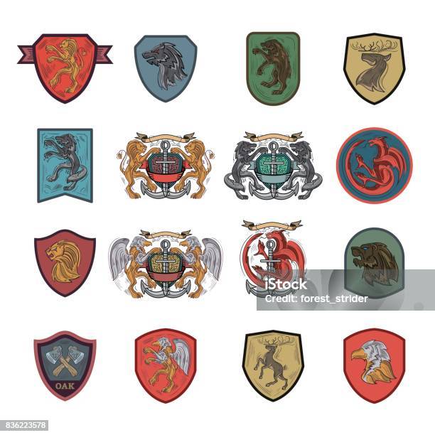 Heraldik Und Wappen Emblemsymbole Stock Vektor Art und mehr Bilder von Wappen - Wappen, Federschopf, Mittelalterlich