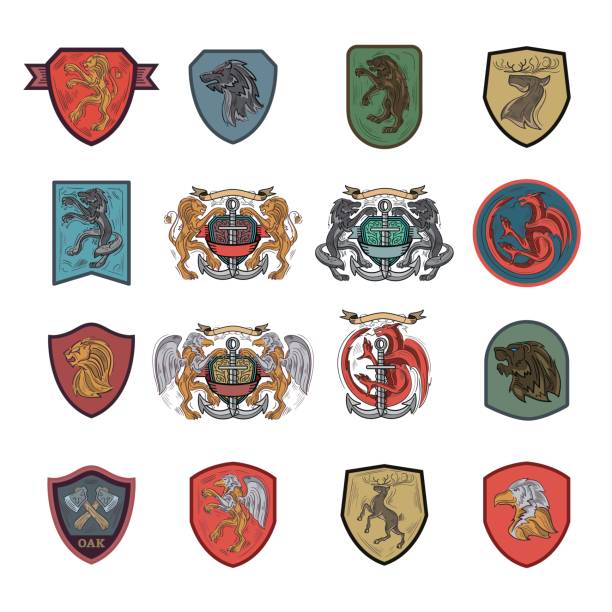 геральдические и гербные эмблемы иконы - heraldic griffin sword crown stock illustrations
