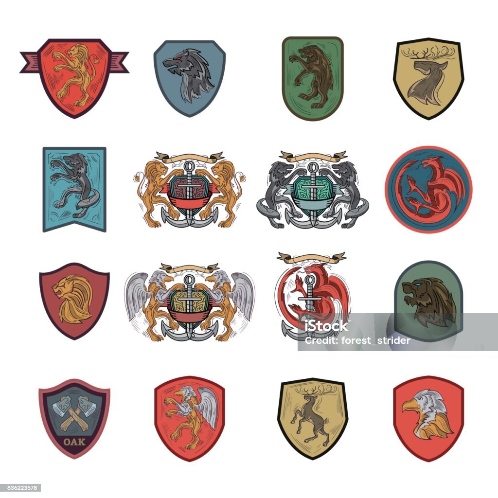 Heraldic and coat of arms emblem icons Heraldry, Sigil, Medieval signs, Coat Of Arms, Royal Houses, icons set Coat Of Arms stock vector