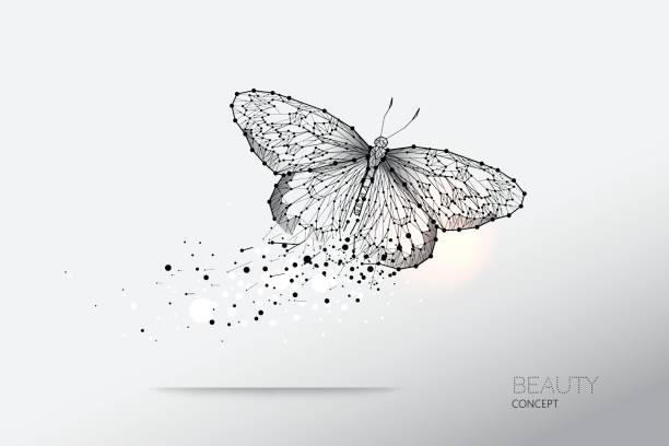 Abstract vector illustration of butterfly moving Abstract vector illustration of butterfly moving. starry night sky and line dot graphic design. concept of nature and art. Suitable use for background. - line stroke weight editable animals tattoos stock illustrations