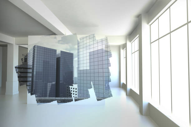 istock Abstract screen in room showing cityscape 836251810