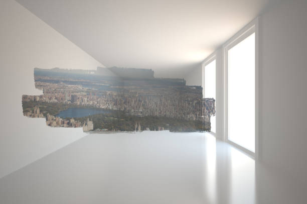 istock Abstract screen in room showing cityscape 836252396