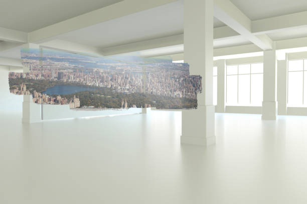 istock Abstract screen in room showing cityscape 836252556