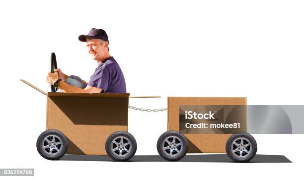 Professional Mover Man Driving Moving Day Boxes Stock Photo - Download Image Now - Humor, Large, Truck