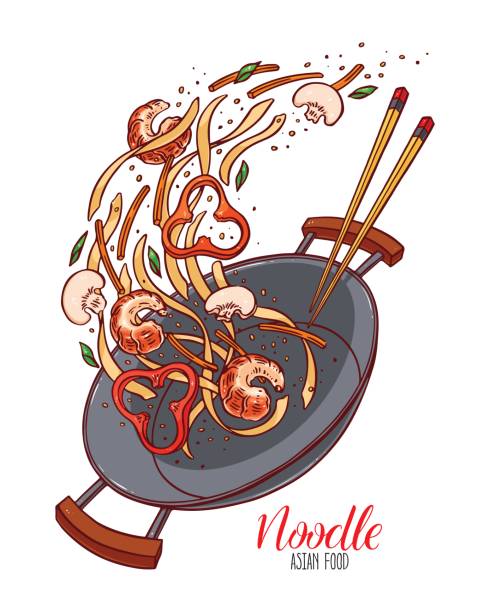 wok-pfanne von chinesischen nudeln - orange mushroom asia brown stock-grafiken, -clipart, -cartoons und -symbole