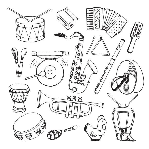 illustrazioni stock, clip art, cartoni animati e icone di tendenza di illustrazione vettoriale disegnata a mano. sassofono, maracas, fisarmonica, flauto, percussioni, tamburo e altri. - fisarmonica strumento