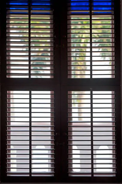 Slats and snippets of tropical foliage through these planter's window shutters, Cochin, Southern India