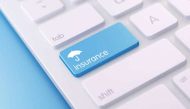 Modern Keyboard wih Insurance Button High quality 3d render of a modern keyboard with insurance button on a blue background and copy space. The insurance keyboard button has a text and an icon on it and it is in focus. Great use for insurance related concepts. Vertical composition with copy space. insurance agent stock pictures, royalty-free photos & images