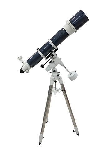 image of blue telescope on a tripod isolated on white background