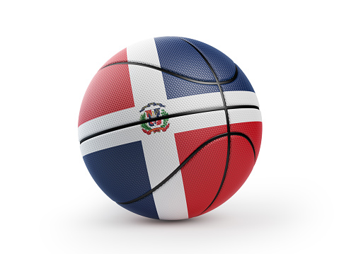 A nicely detailed basketball ball textured with Dominican Republic Flag isolated on white background. The ball has nice leather texture. Isolated on white background. Clipping path is included.