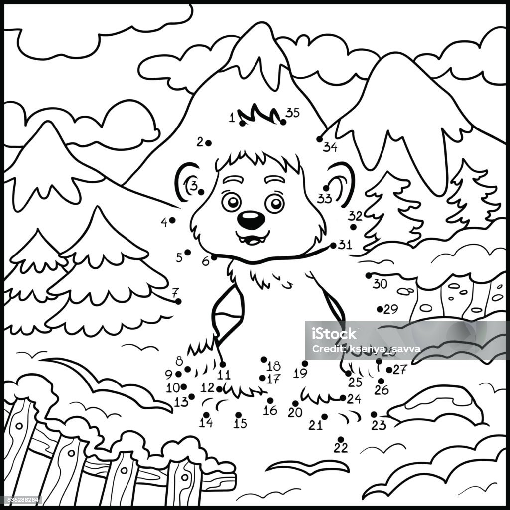 Numbers game, dot to dot game for children, Yeti Numbers game, education dot to dot game for children, Yeti Mountain stock vector