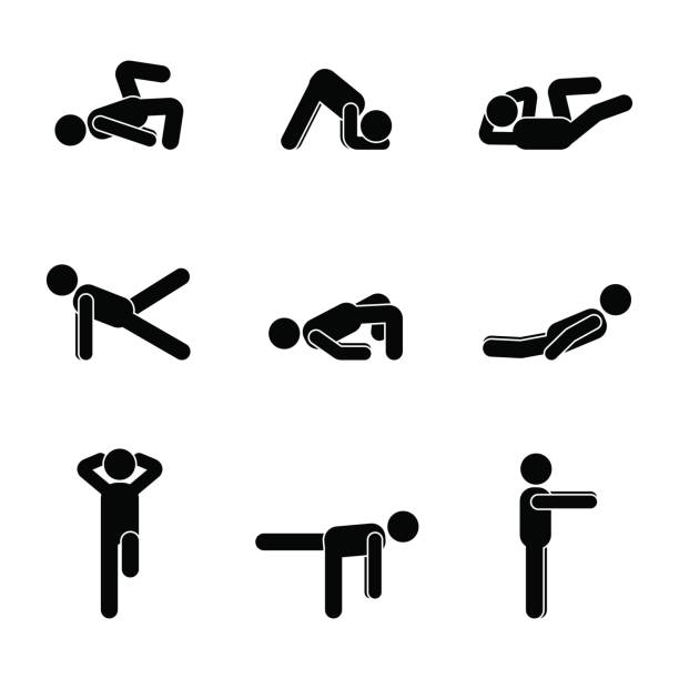 ilustraciones, imágenes clip art, dibujos animados e iconos de stock de ejercicios cuerpo entrenamiento estiramiento figura de palo de hombre. pictograma de ilustración de vector de estilo de vida saludable - crouching silhouette men people