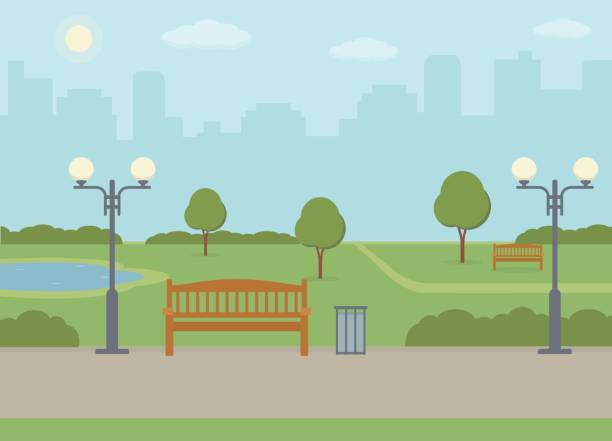 öffentlicher park in der stadt. - bench park park bench silhouette stock-grafiken, -clipart, -cartoons und -symbole