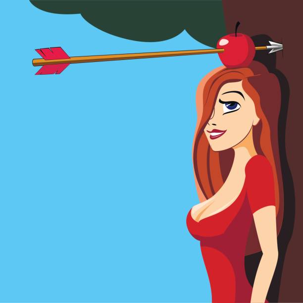 Girl standing by the tree has an apple pierced by an arrow on her head Girl standing by the tree has an apple pierced by an arrow on her head shot apple stock illustrations